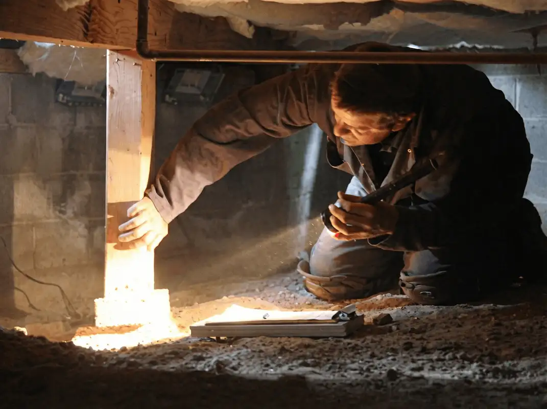 A professional inspecting wooden beams under the floor of a structure in Cleveland, OH