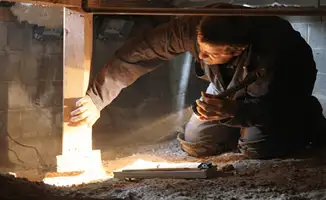 A professional inspecting wooden beams under the floor of a structure in Cleveland, OH